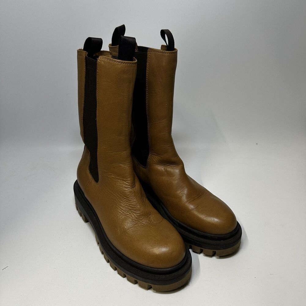 Anima Leather Chelsea Boots 39 Cognac Brown Chunky Lug Sole Tall Pull On